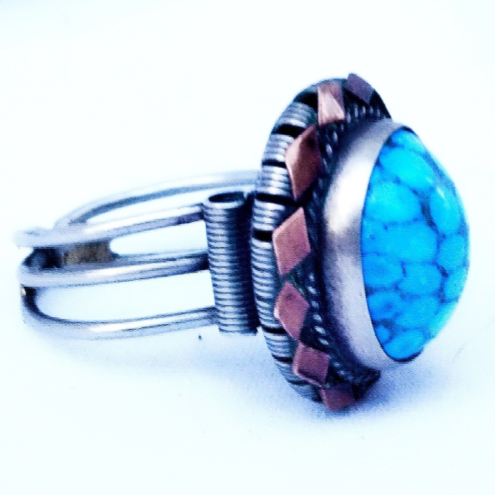 Vintage Turquoise, Sterling Silver & Brass Artisan Ring
